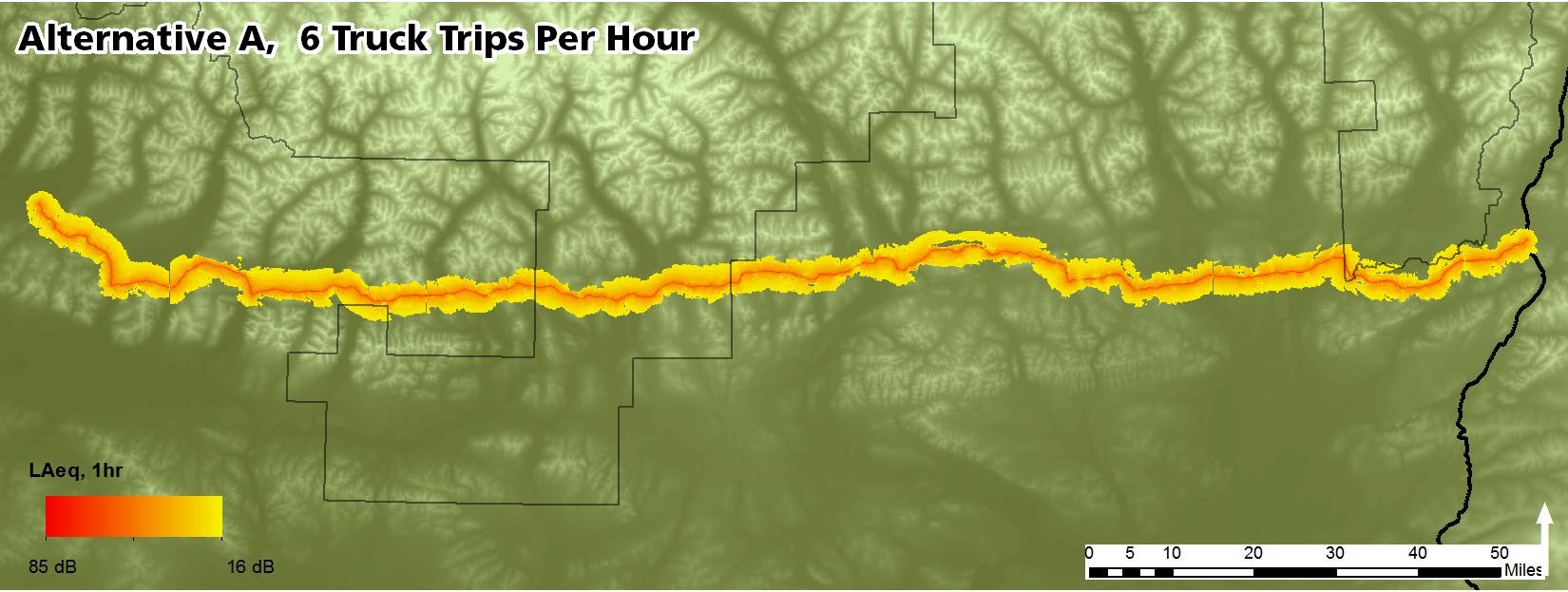 The federal noise model for Alternative A: a continuous orange and yellow band of modeled sound running the length of the route across the Brooks Range, against green terrain, with a legend from 85 to 16 decibels