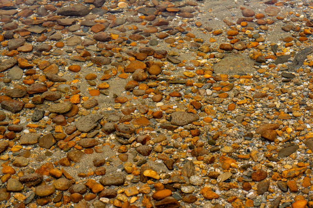 Wet river cobbles in warm browns and oranges