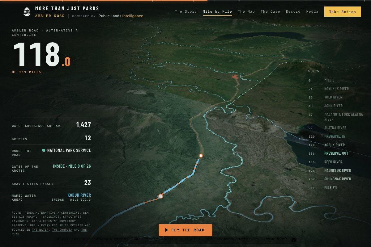 The proposed road drawn in copper across terrain, seen from above the centerline, with a tape of figures beside it
