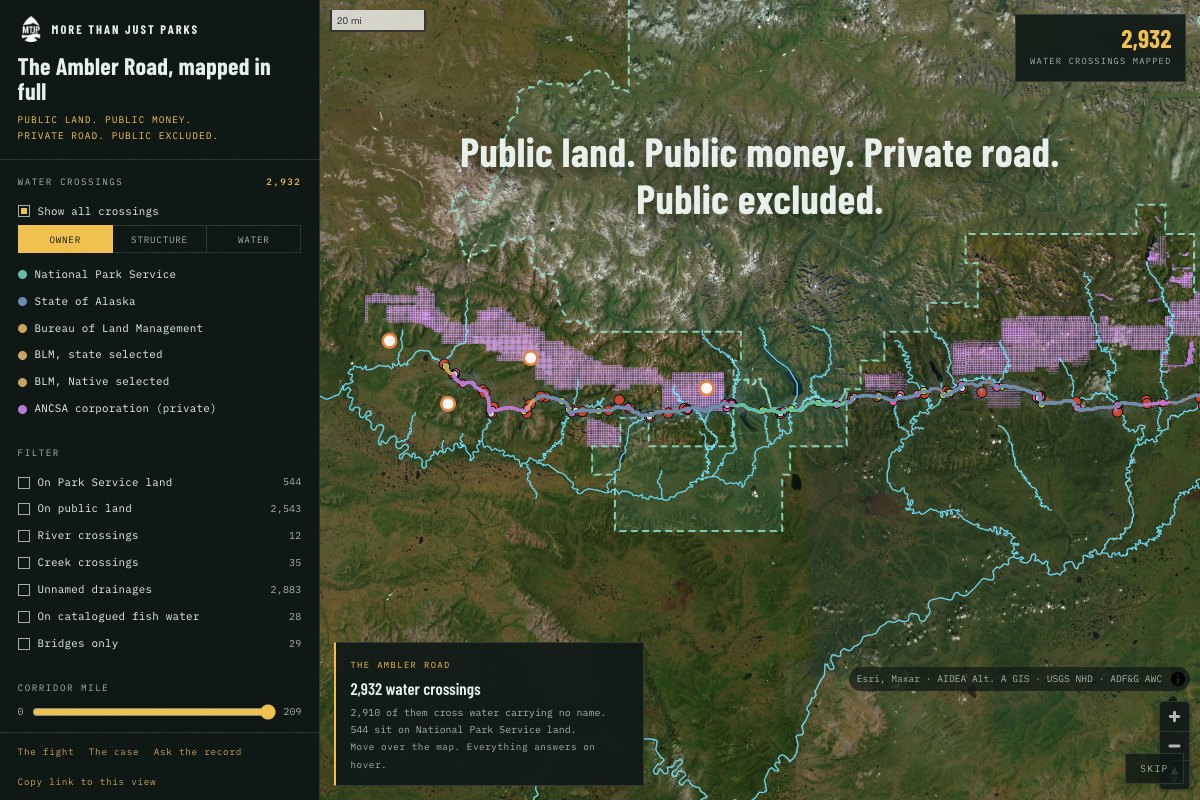 The interactive map: satellite imagery of the Brooks Range with a panel of layers and filters
