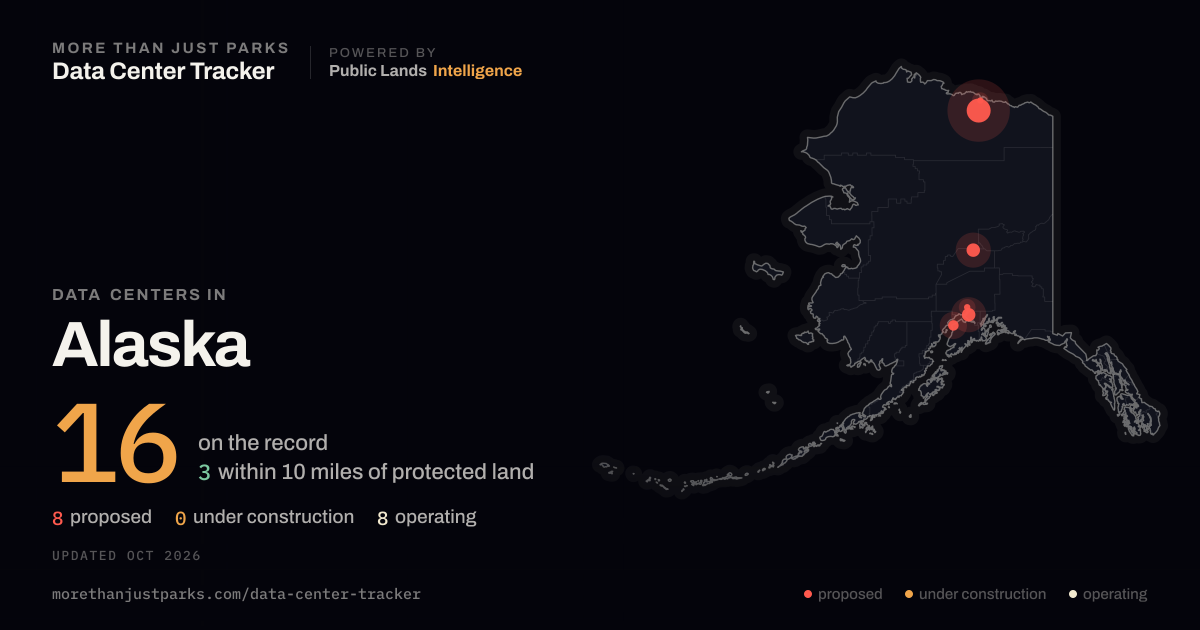 Map of the 16 data centers in Alaska tracked by More Than Just Parks, updated October 2026