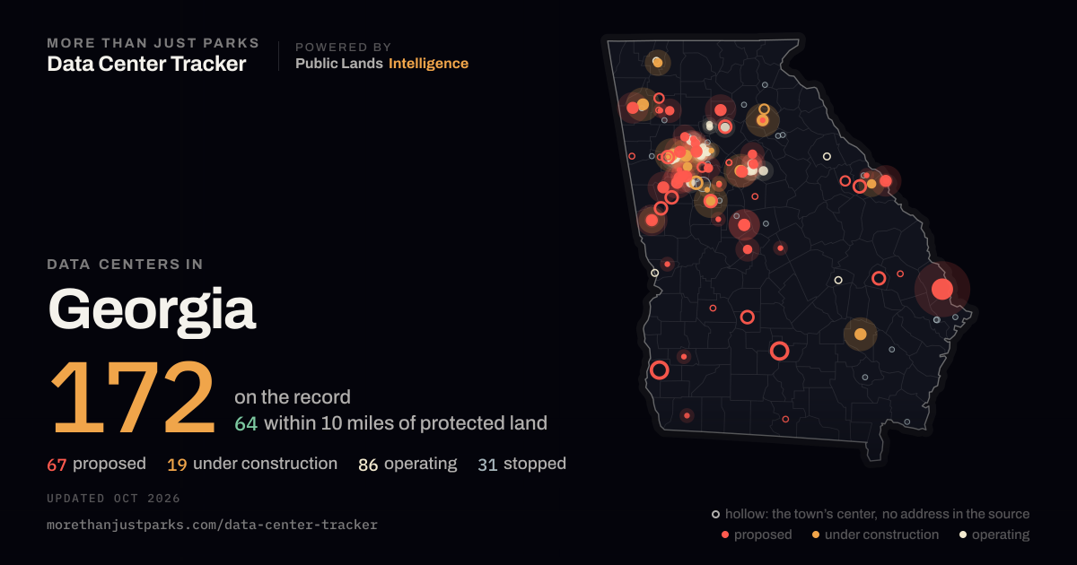 Map of the 170 data centers in Georgia tracked by More Than Just Parks, updated October 2026