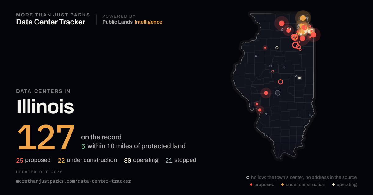 Map of the 124 data centers in Illinois tracked by More Than Just Parks, updated October 2026