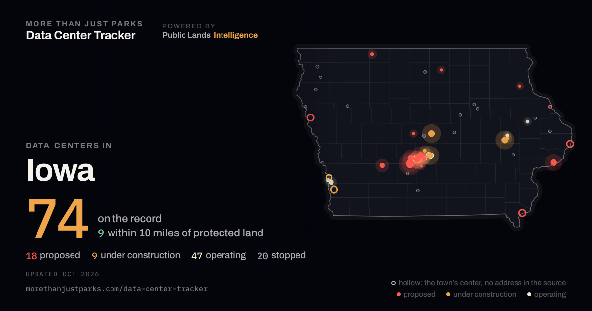 Map of the 73 data centers in Iowa tracked by More Than Just Parks, updated October 2026