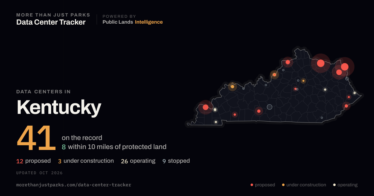 Map of the 41 data centers in Kentucky tracked by More Than Just Parks, updated October 2026