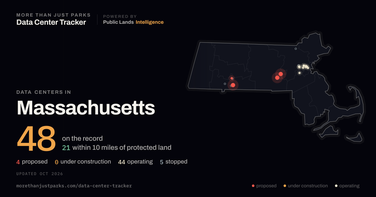 Map of the 48 data centers in Massachusetts tracked by More Than Just Parks, updated October 2026