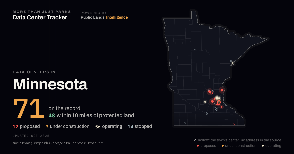 Map of the 71 data centers in Minnesota tracked by More Than Just Parks, updated October 2026