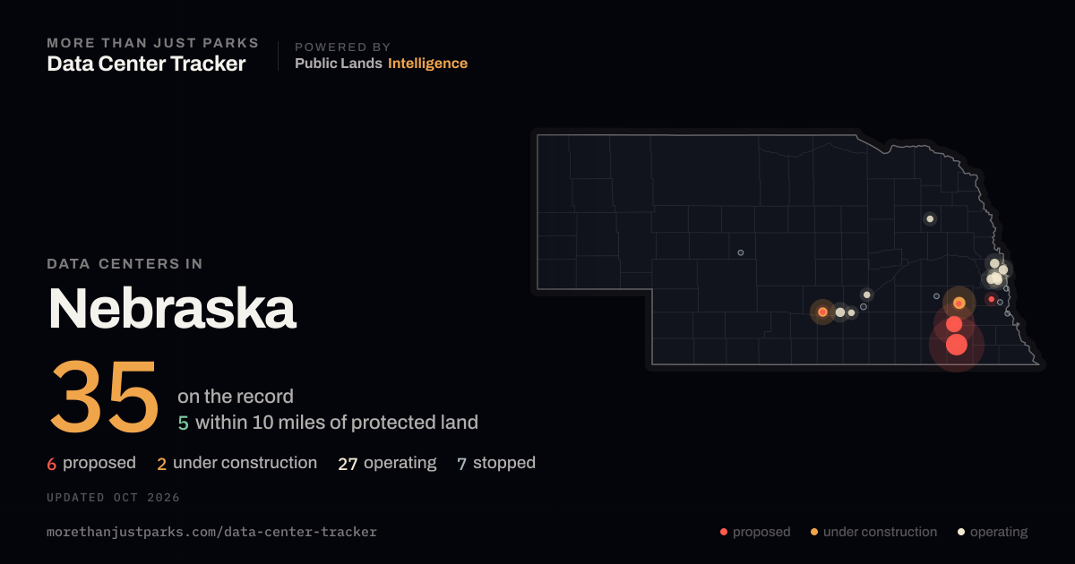 Map of the 35 data centers in Nebraska tracked by More Than Just Parks, updated October 2026
