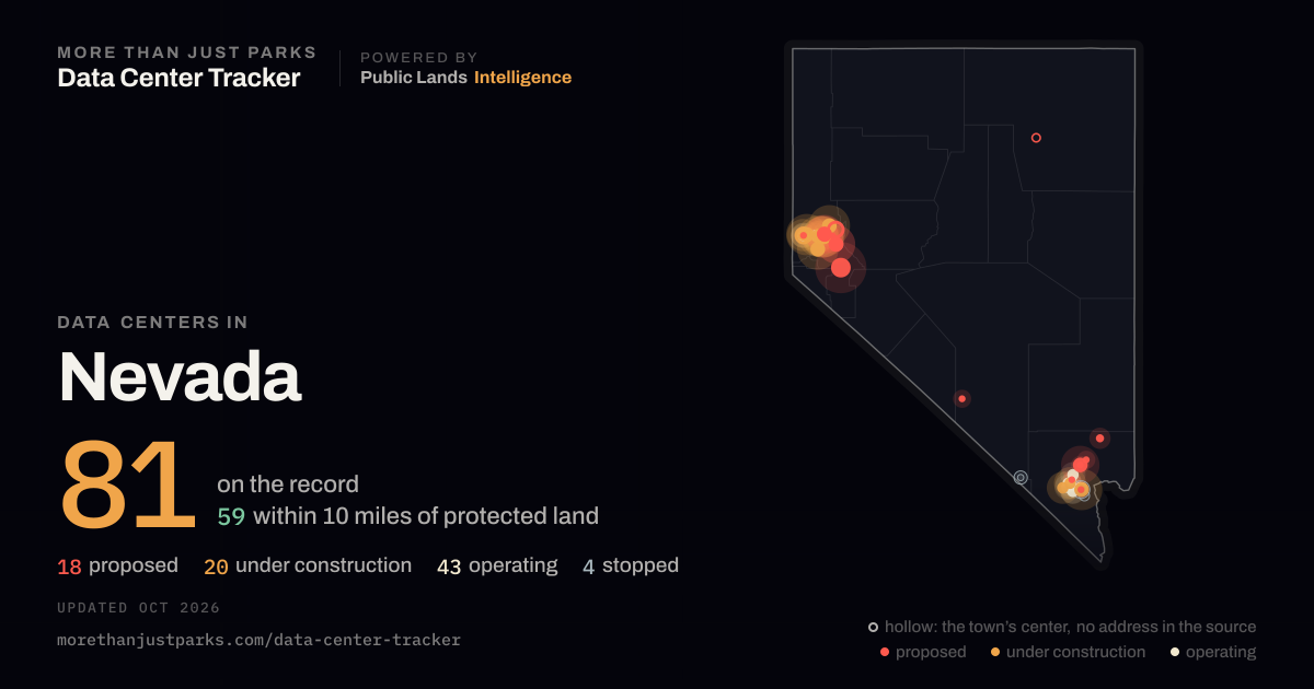 Map of the 81 data centers in Nevada tracked by More Than Just Parks, updated October 2026