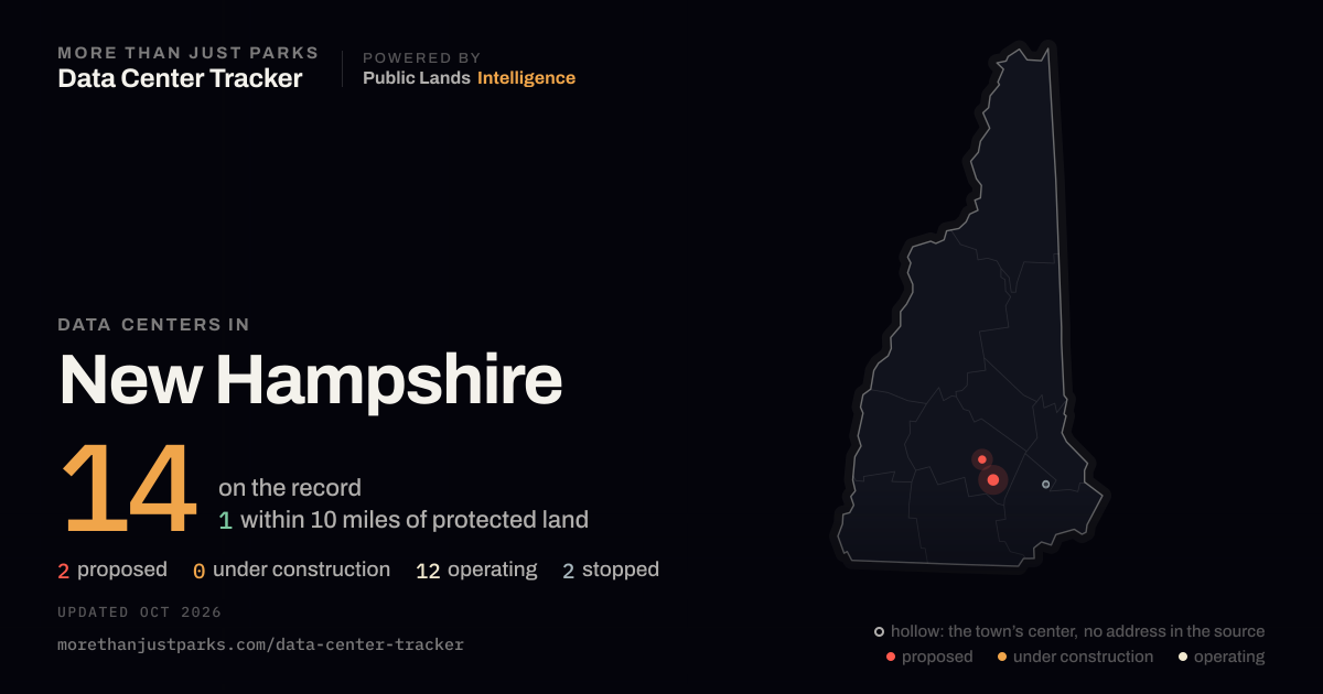 Map of the 14 data centers in New Hampshire tracked by More Than Just Parks, updated October 2026