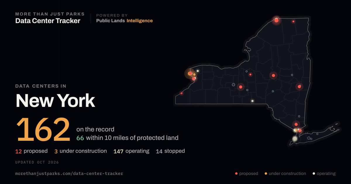 Map of the 162 data centers in New York tracked by More Than Just Parks, updated October 2026