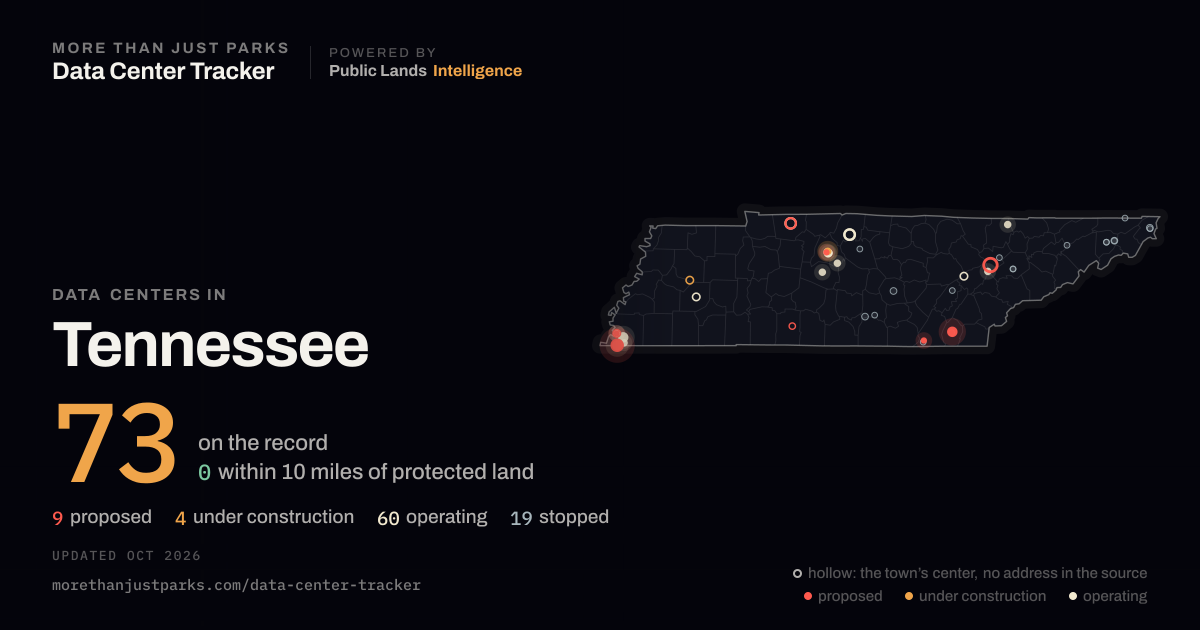 Map of the 73 data centers in Tennessee tracked by More Than Just Parks, updated October 2026