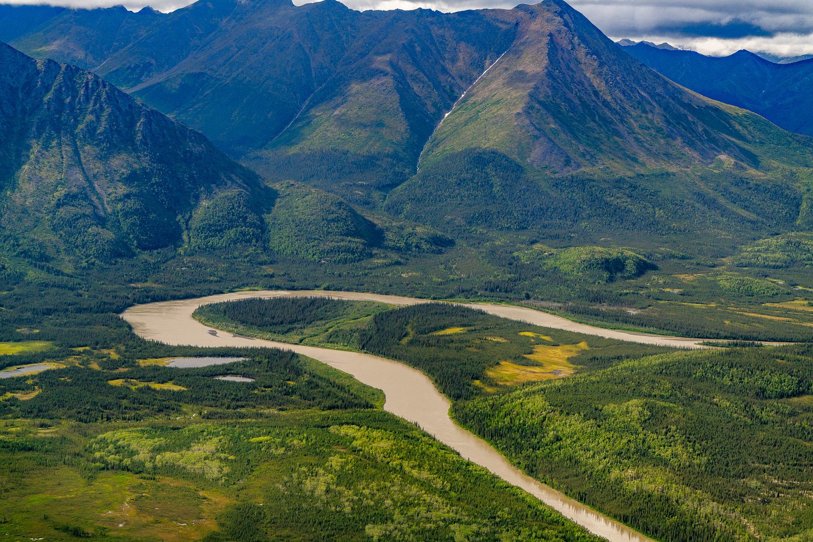 A river below Brooks Range peaks, Alaska, from the air