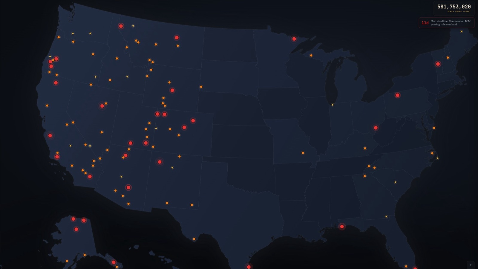The Threatened Public Lands Map: 117 sites under active threat marked across a dark map of America