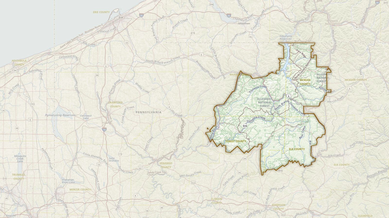 The boundary of the Allegheny National Forest drawn on the USGS topographic map, with the towns, highways and rivers around it.
