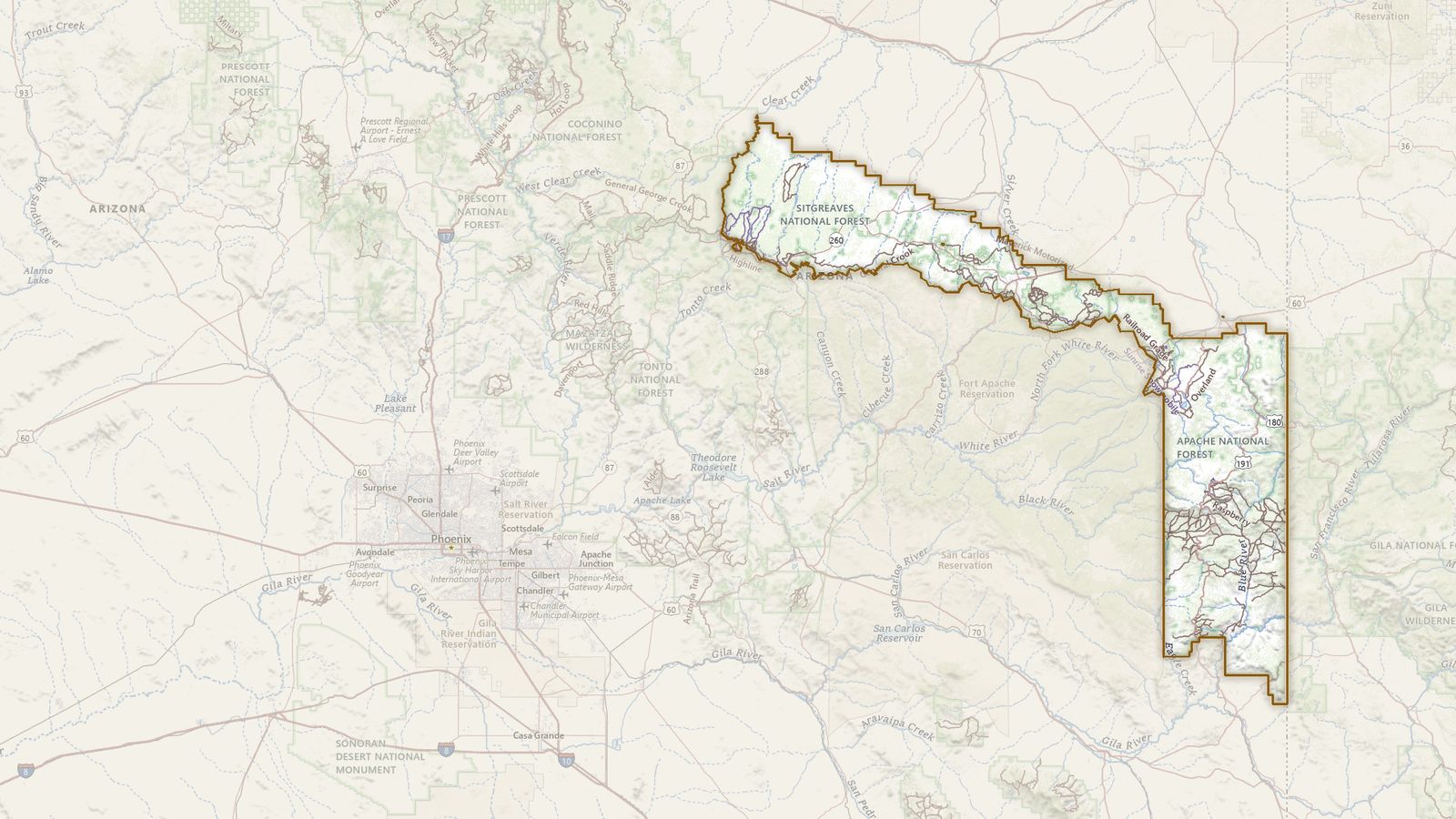 The boundary of the Apache-Sitgreaves National Forests drawn on the USGS topographic map, with the towns, highways and rivers around it.