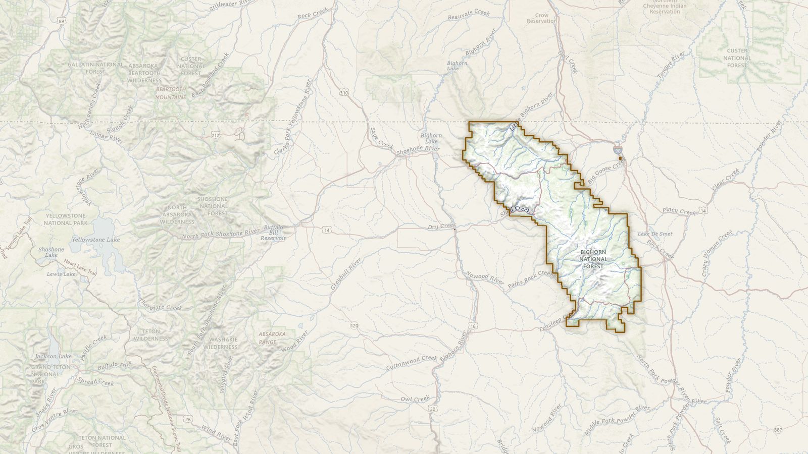 The boundary of the Bighorn National Forest drawn on the USGS topographic map, with the towns, highways and rivers around it.