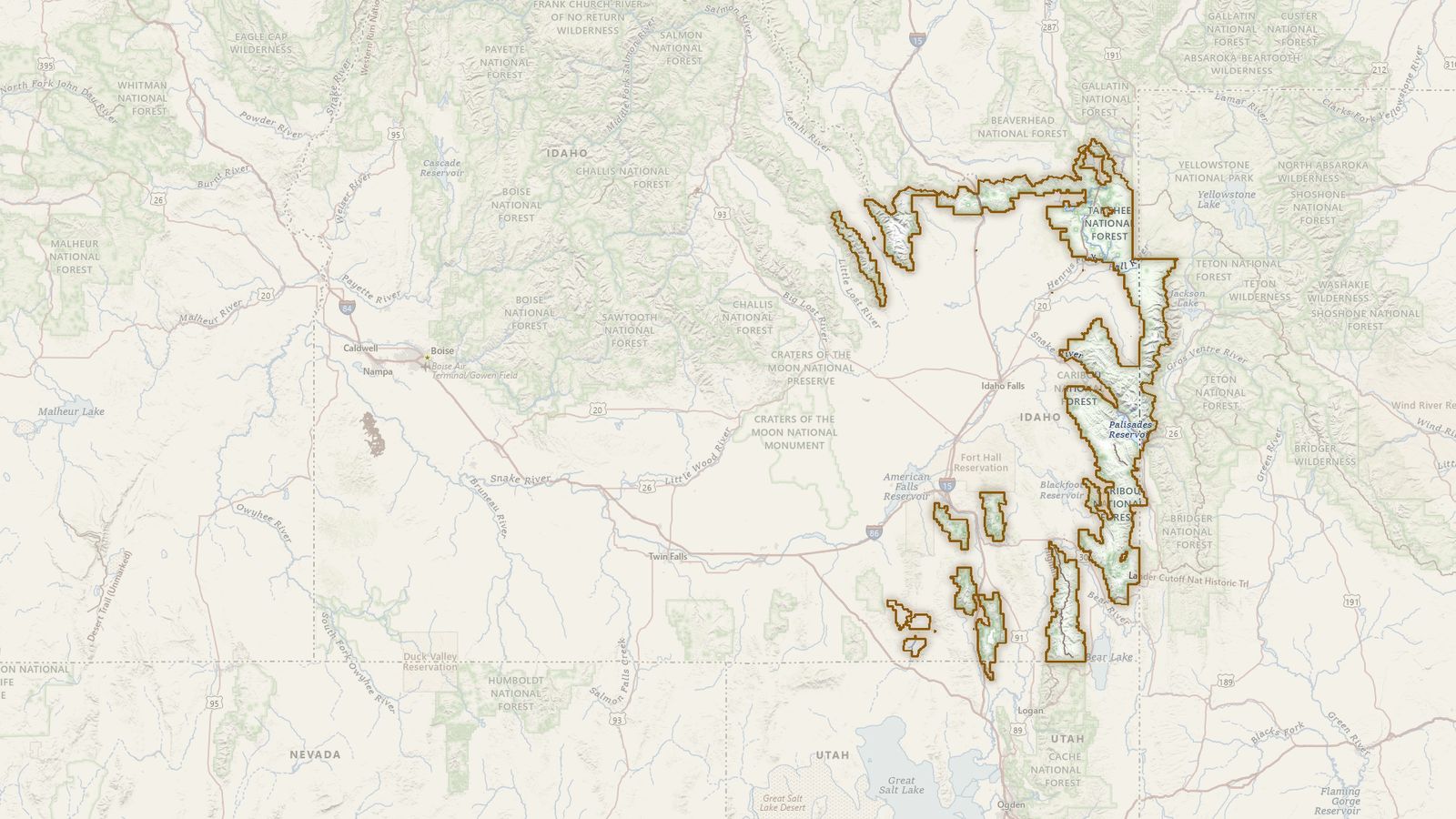 The boundary of the Caribou-Targhee National Forest drawn on the USGS topographic map, with the towns, highways and rivers around it.