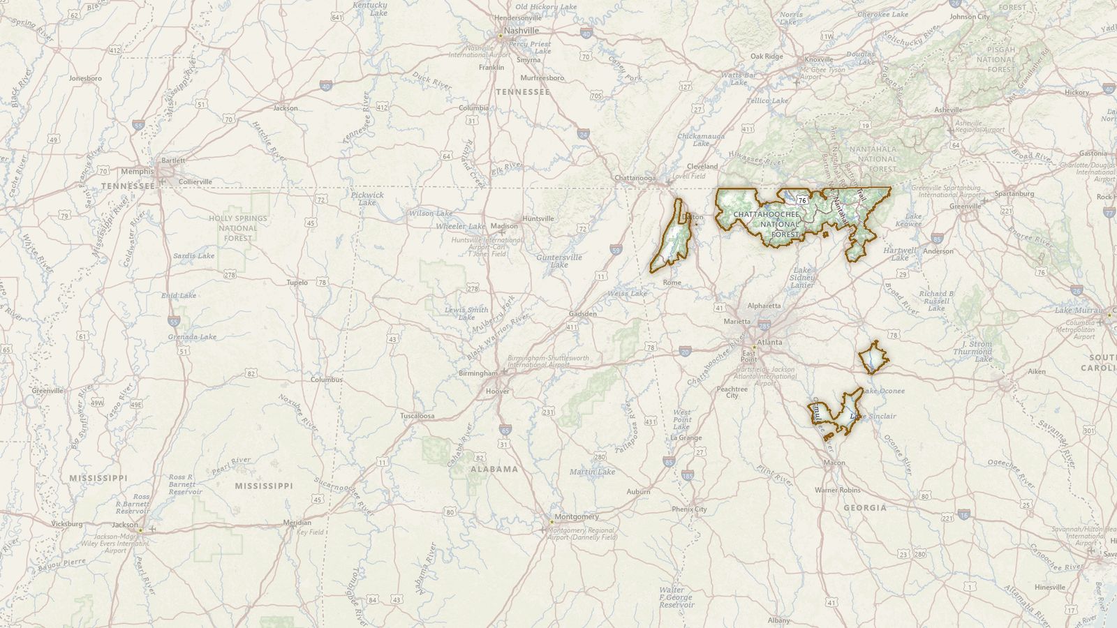 The boundary of the Chattahoochee-Oconee National Forests drawn on the USGS topographic map, with the towns, highways and rivers around it.