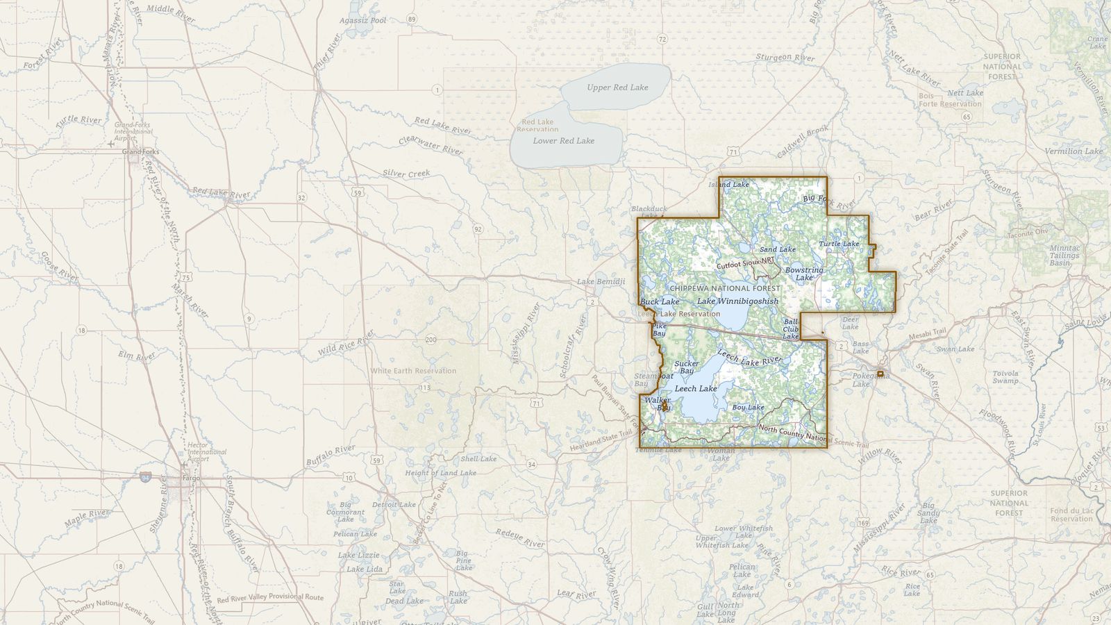 The boundary of the Chippewa National Forest drawn on the USGS topographic map, with the towns, highways and rivers around it.
