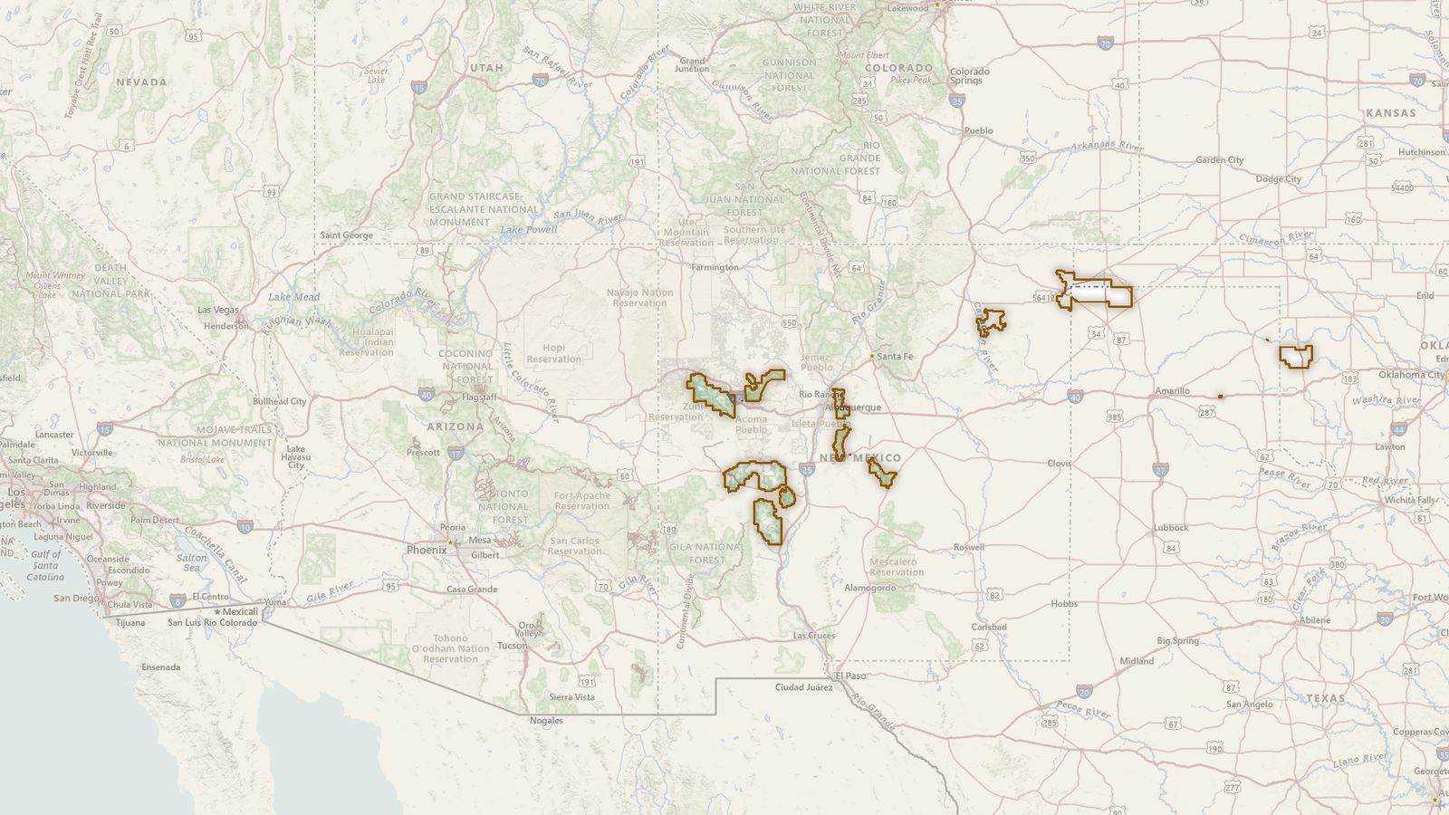 The boundary of the Cibola National Forest drawn on the USGS topographic map, with the towns, highways and rivers around it.