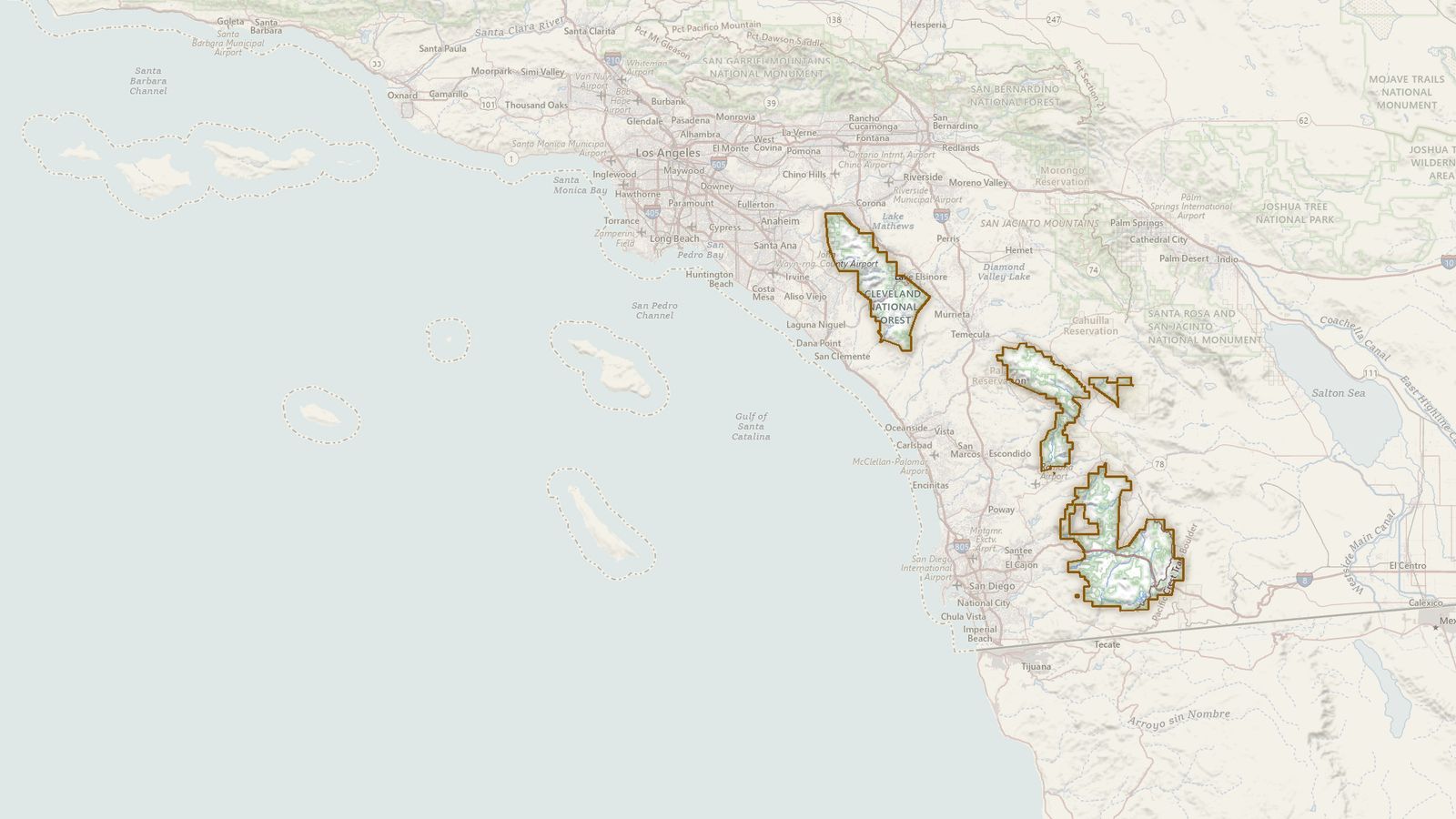 The boundary of the Cleveland National Forest drawn on the USGS topographic map, with the towns, highways and rivers around it.