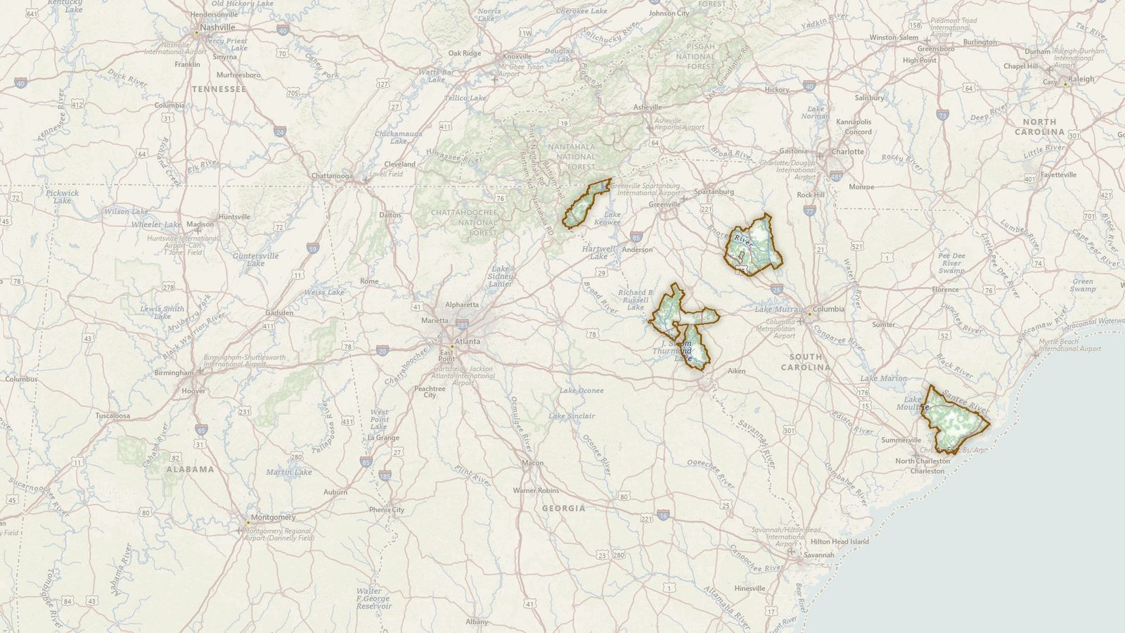 The boundary of the Francis Marion and Sumter National Forests drawn on the USGS topographic map, with the towns, highways and rivers around it.