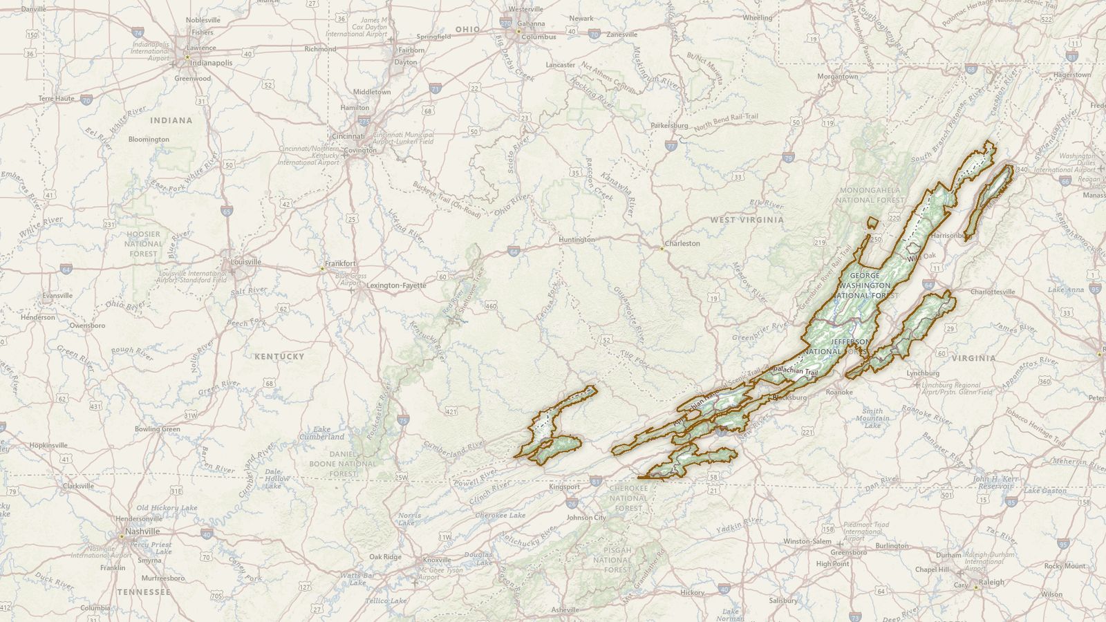 The boundary of the George Washington and Jefferson National Forest drawn on the USGS topographic map, with the towns, highways and rivers around it.