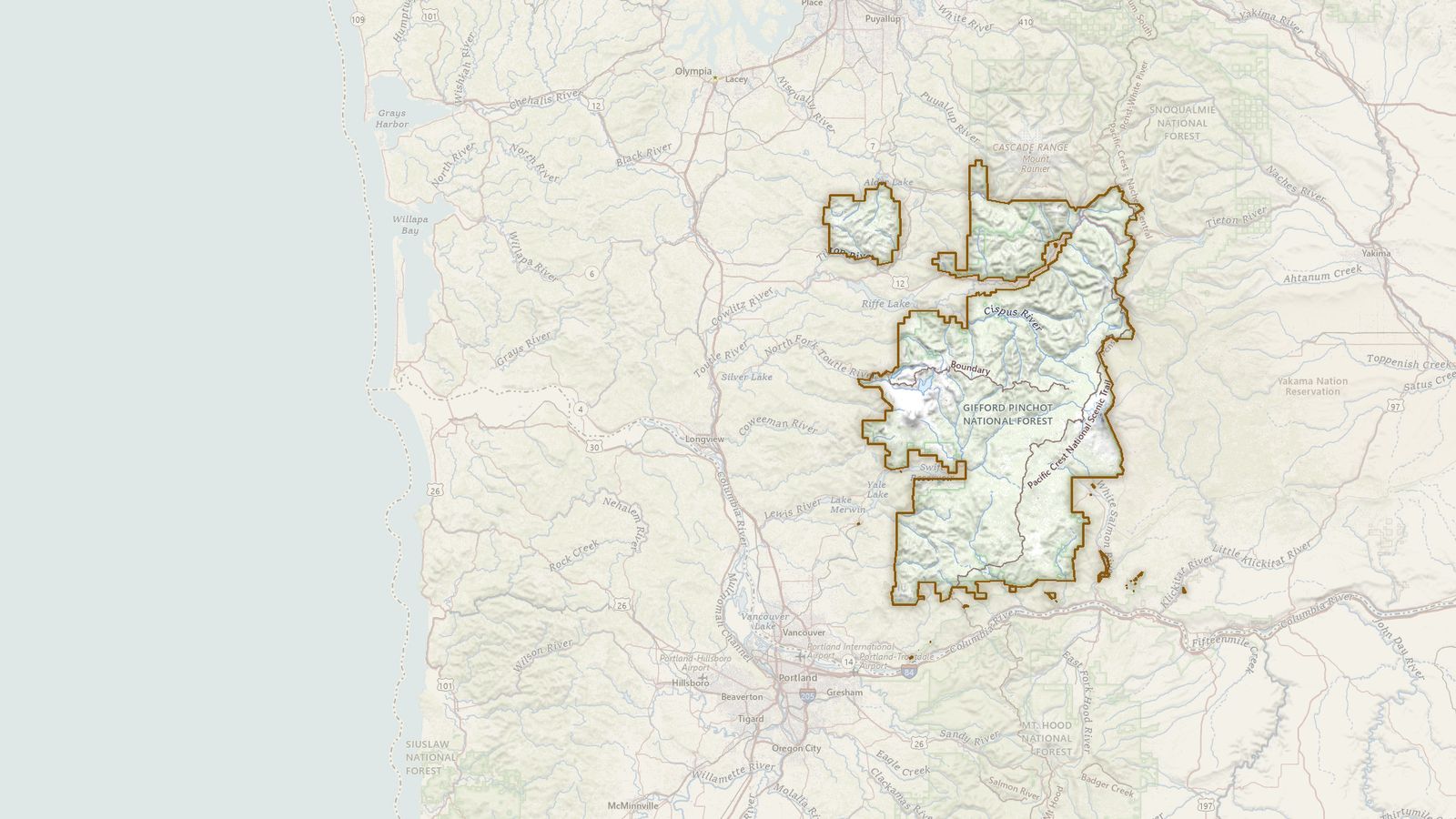 The boundary of the Gifford Pinchot National Forest drawn on the USGS topographic map, with the towns, highways and rivers around it.