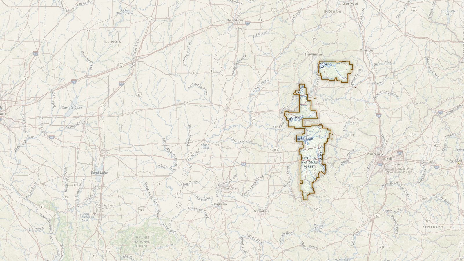The boundary of the Hoosier National Forest drawn on the USGS topographic map, with the towns, highways and rivers around it.
