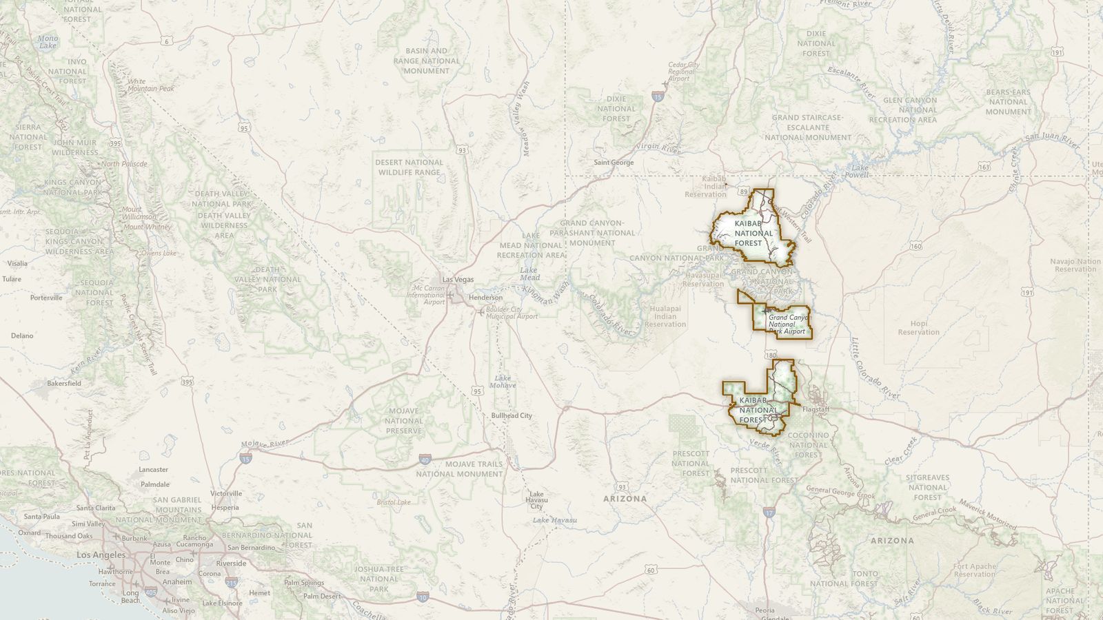 The boundary of the Kaibab National Forest drawn on the USGS topographic map, with the towns, highways and rivers around it.