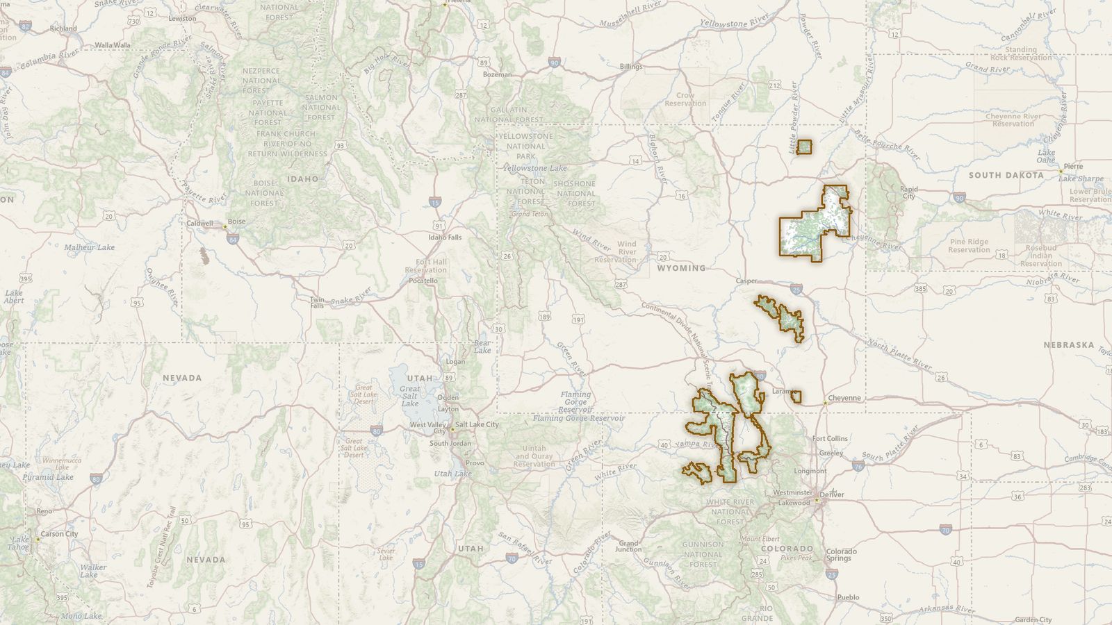 The boundary of the Medicine Bow-Routt National Forest drawn on the USGS topographic map, with the towns, highways and rivers around it.