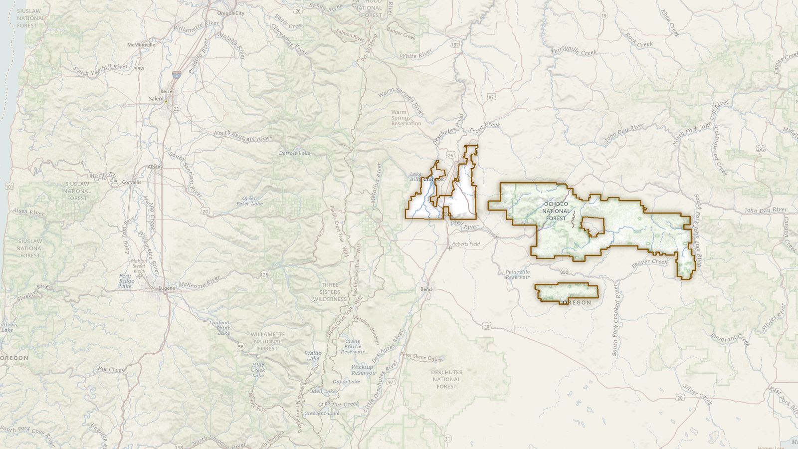 The boundary of the Ochoco National Forest drawn on the USGS topographic map, with the towns, highways and rivers around it.