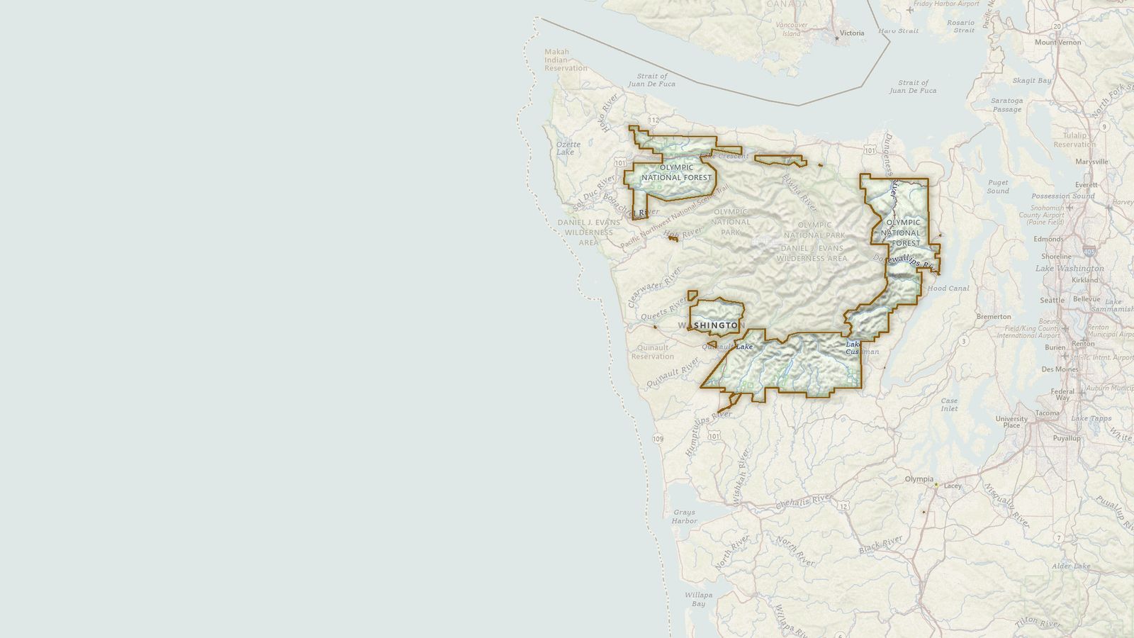 The boundary of the Olympic National Forest drawn on the USGS topographic map, with the towns, highways and rivers around it.
