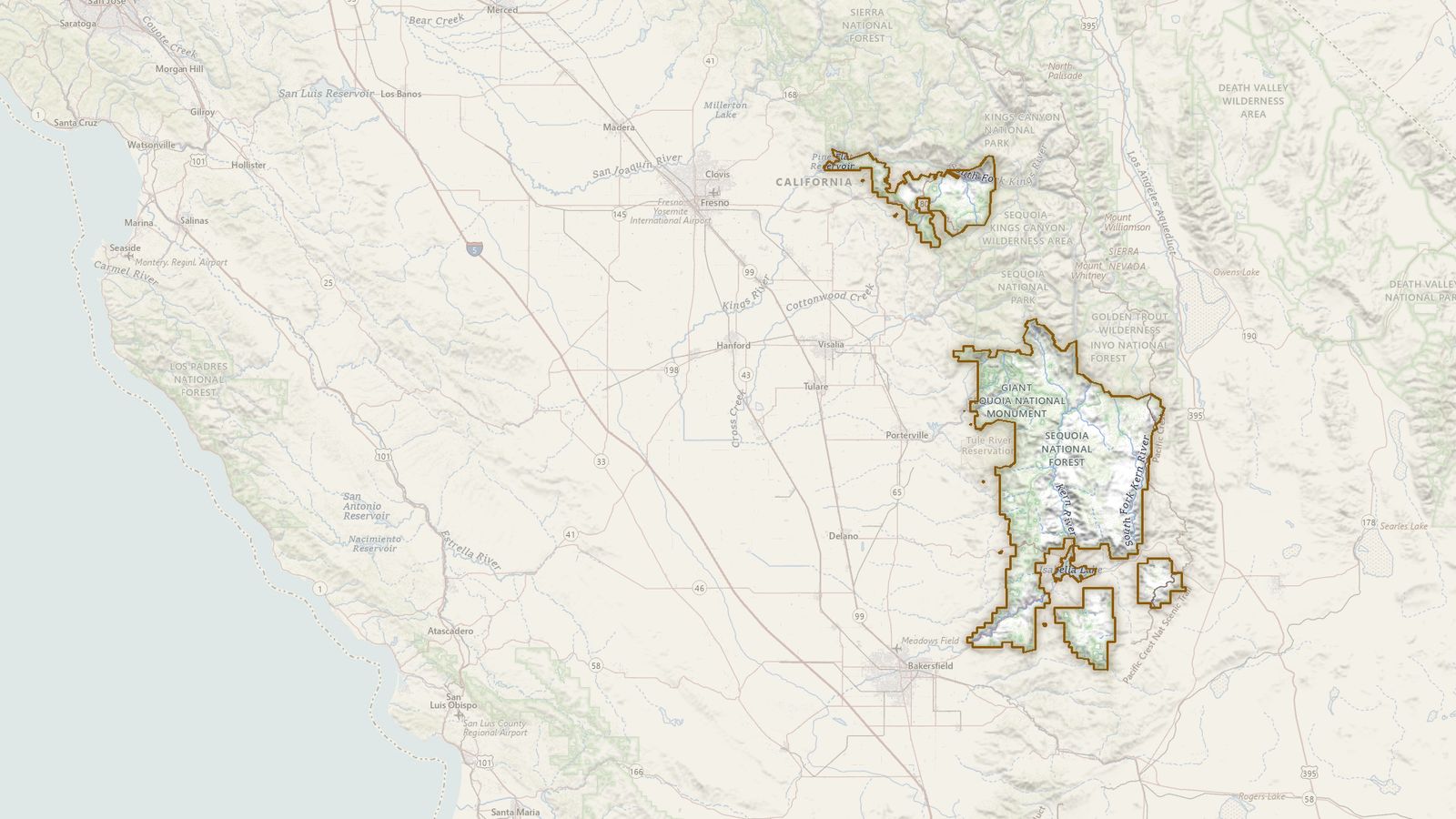 The boundary of the Sequoia National Forest drawn on the USGS topographic map, with the towns, highways and rivers around it.