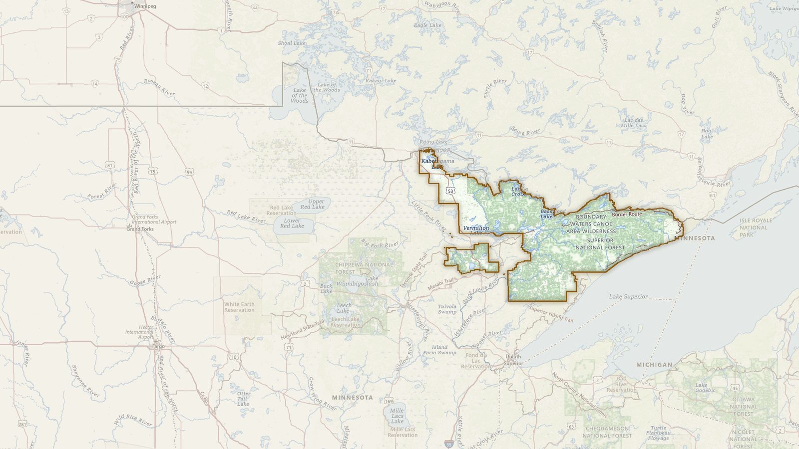 The boundary of the Superior National Forest drawn on the USGS topographic map, with the towns, highways and rivers around it.