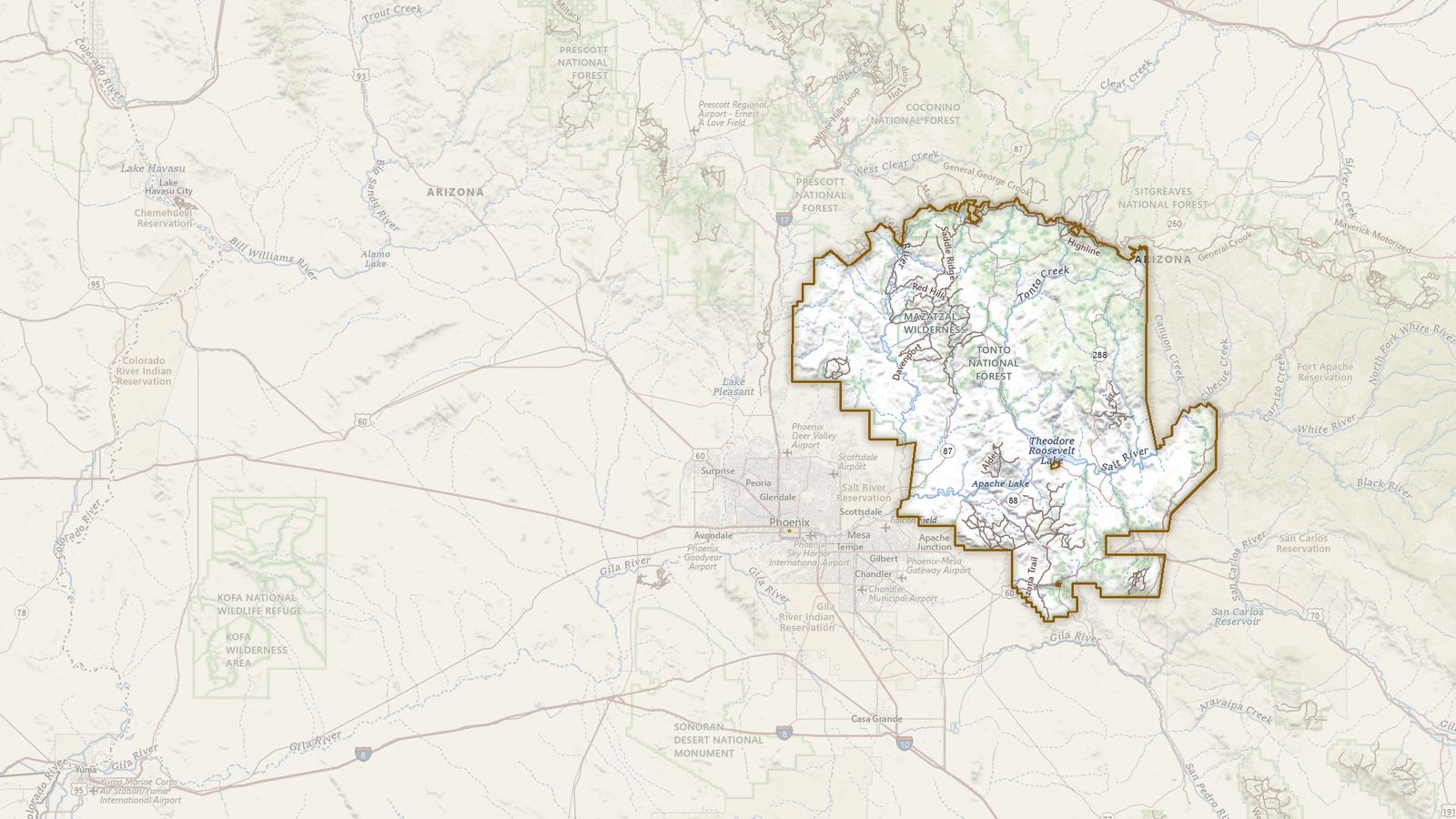The boundary of the Tonto National Forest drawn on the USGS topographic map, with the towns, highways and rivers around it.