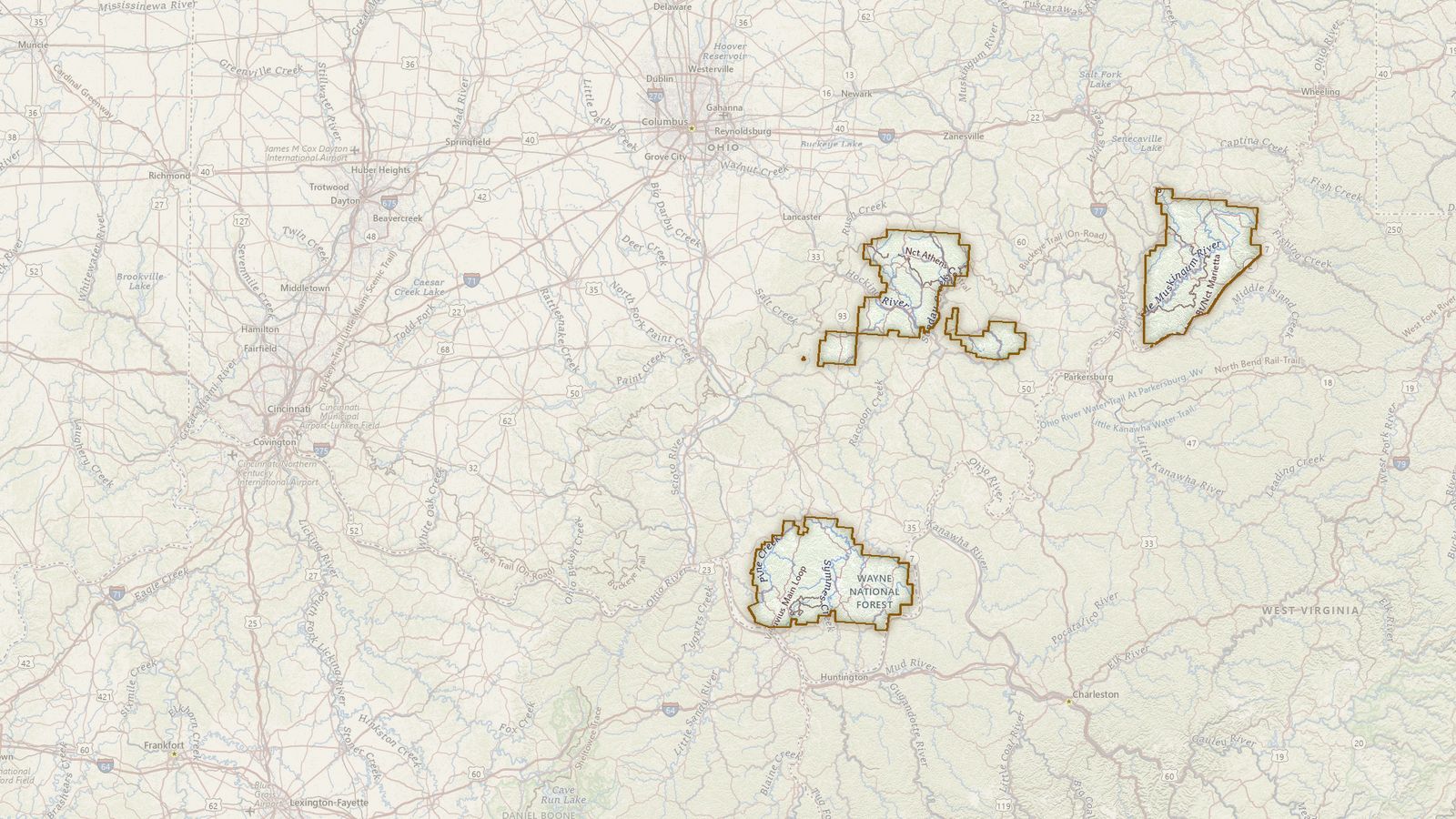The boundary of the Wayne National Forest drawn on the USGS topographic map, with the towns, highways and rivers around it.