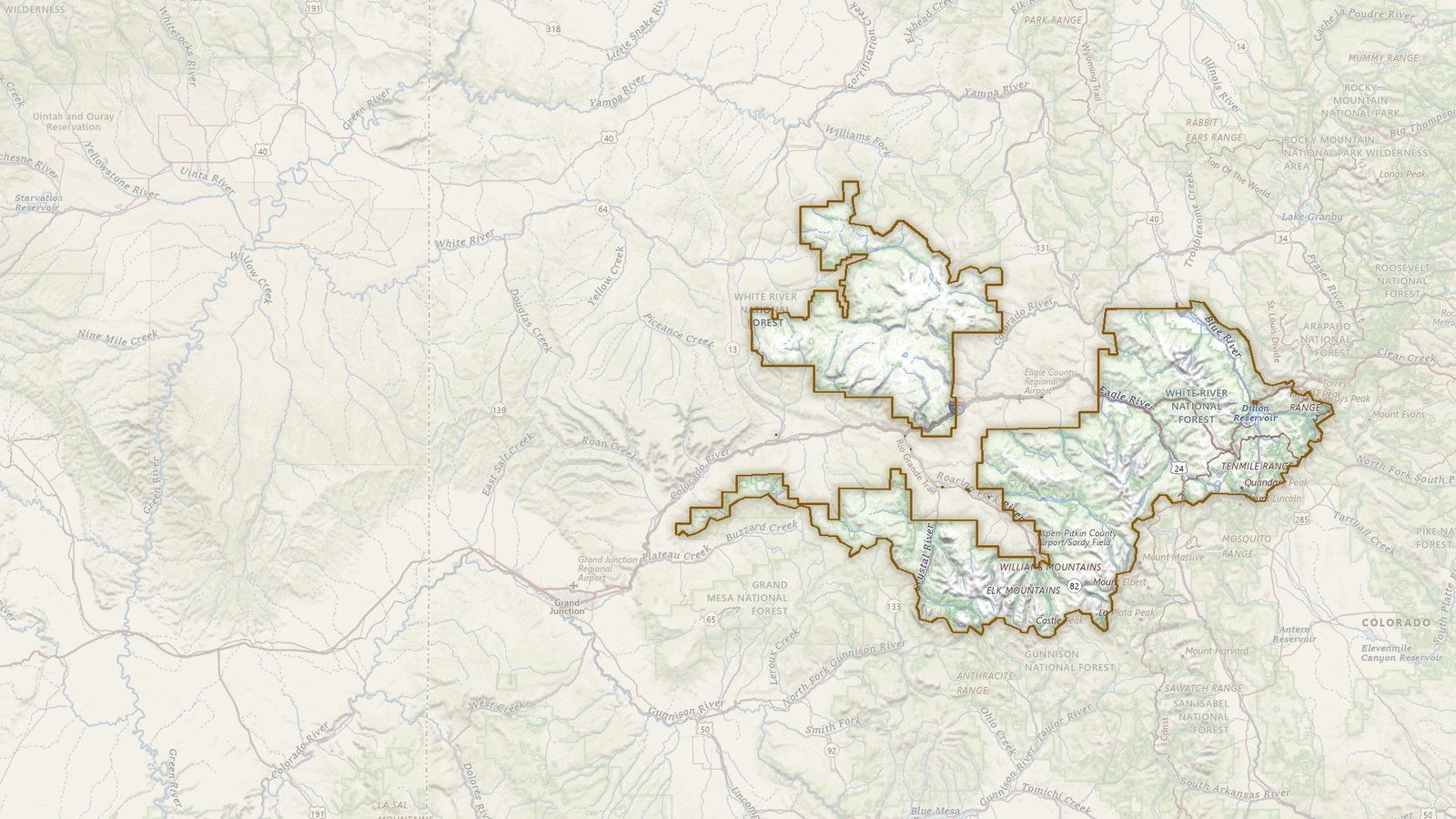 The boundary of the White River National Forest drawn on the USGS topographic map, with the towns, highways and rivers around it.