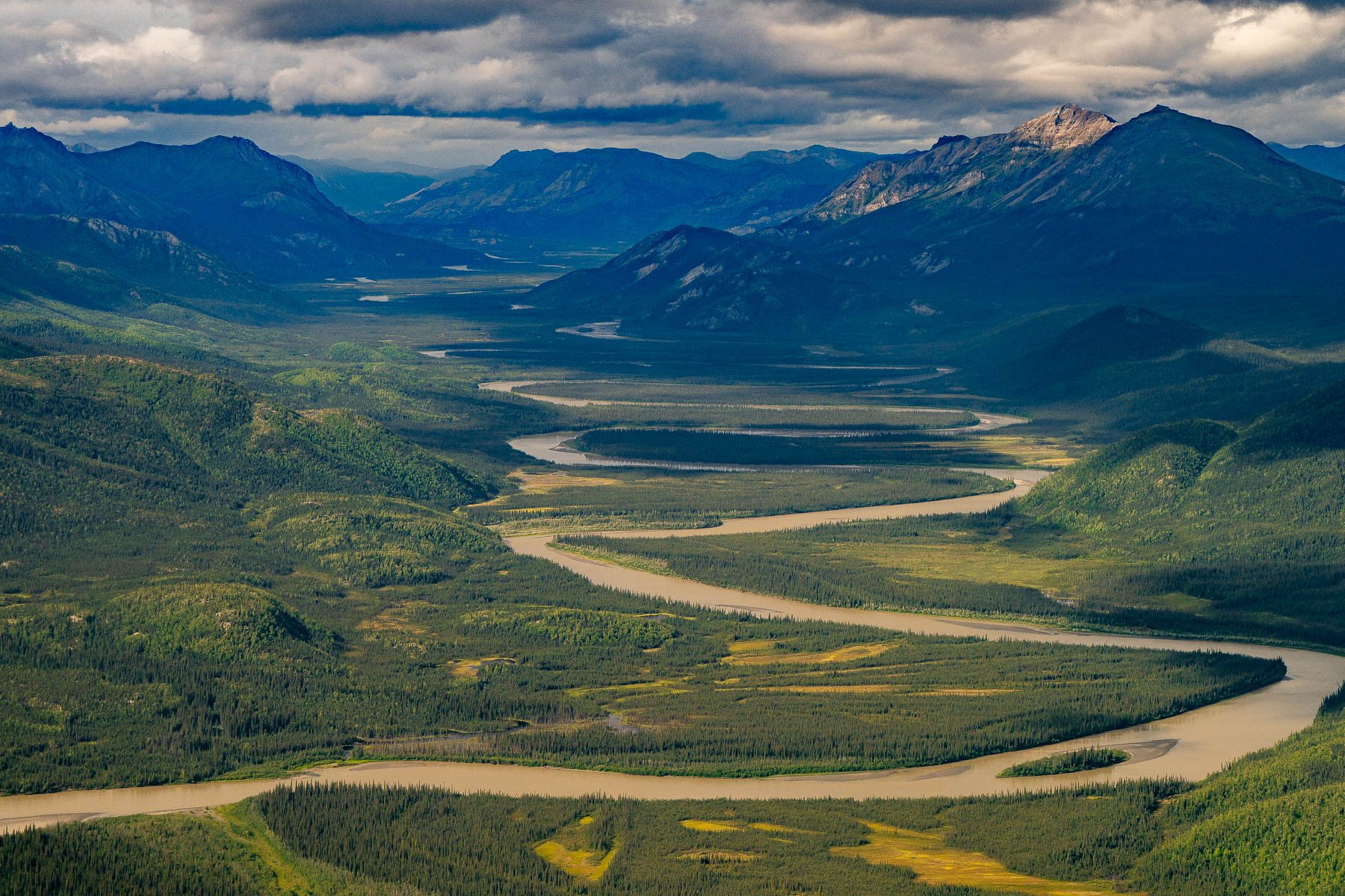 Aerial of a braided river winding through the Brooks Range, Gates of the Arctic, Alaska