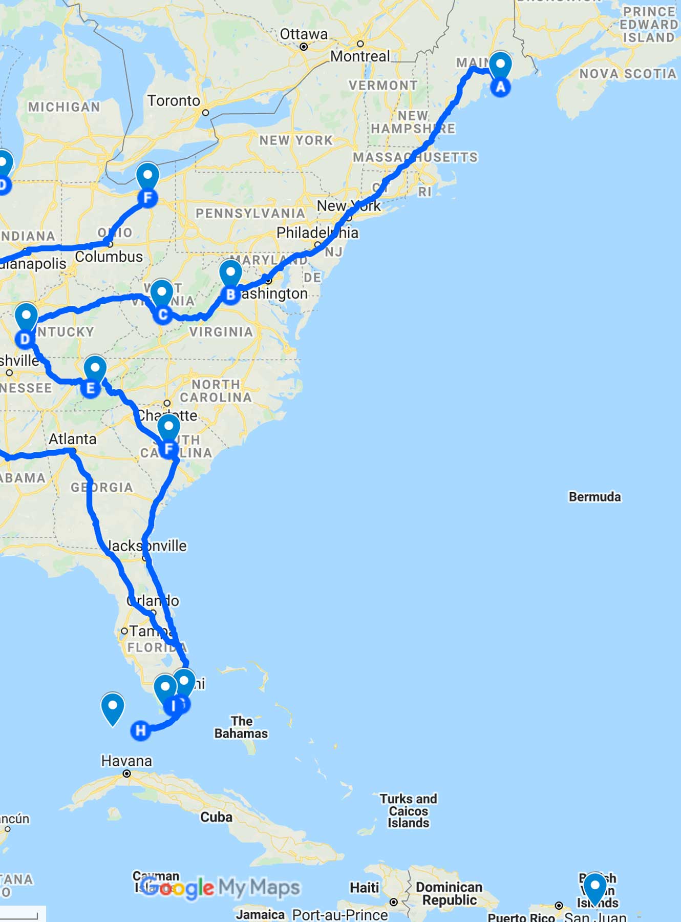 east coast national parks road trip map