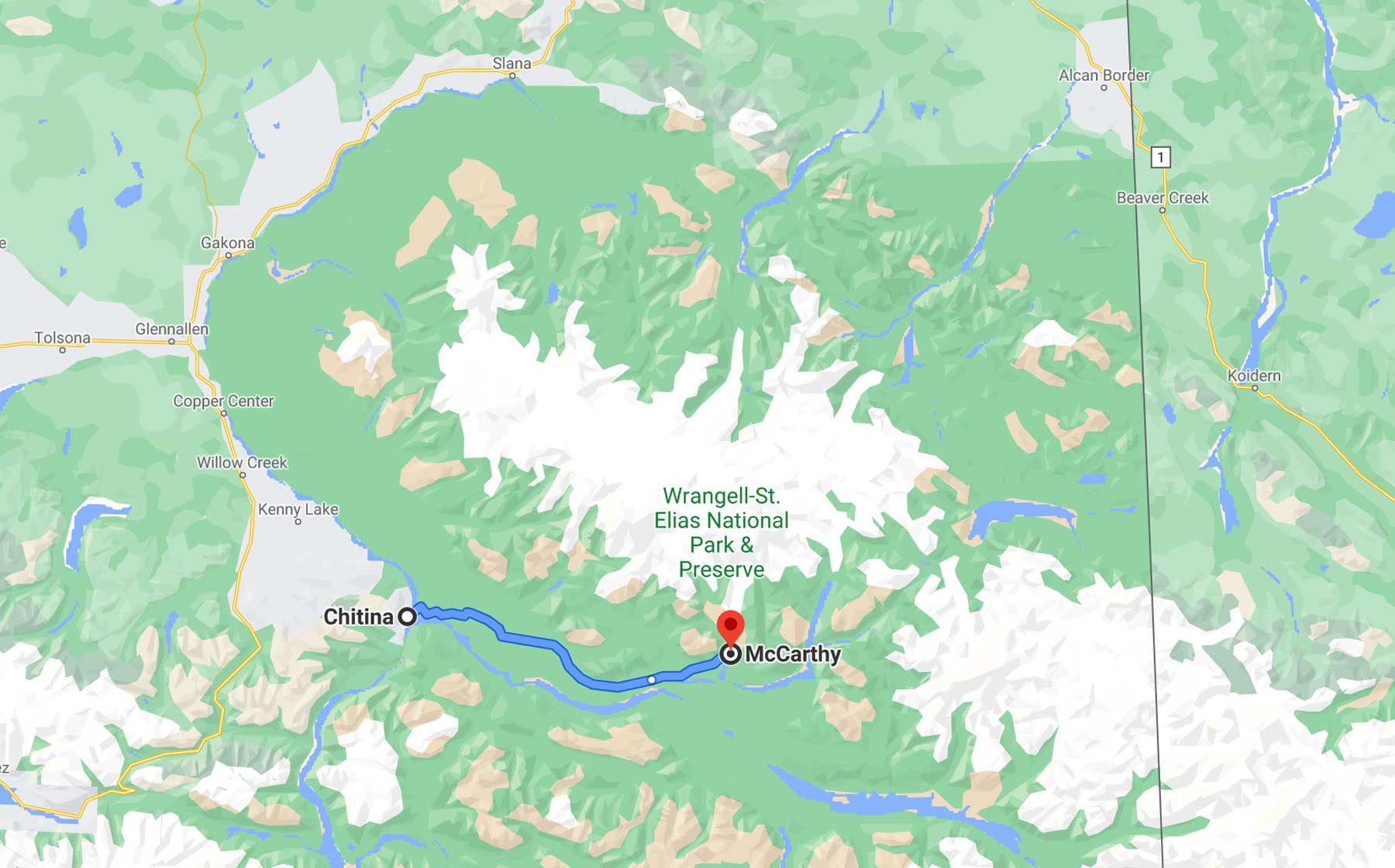 mccarthy road map wrangell st elias national park alaska