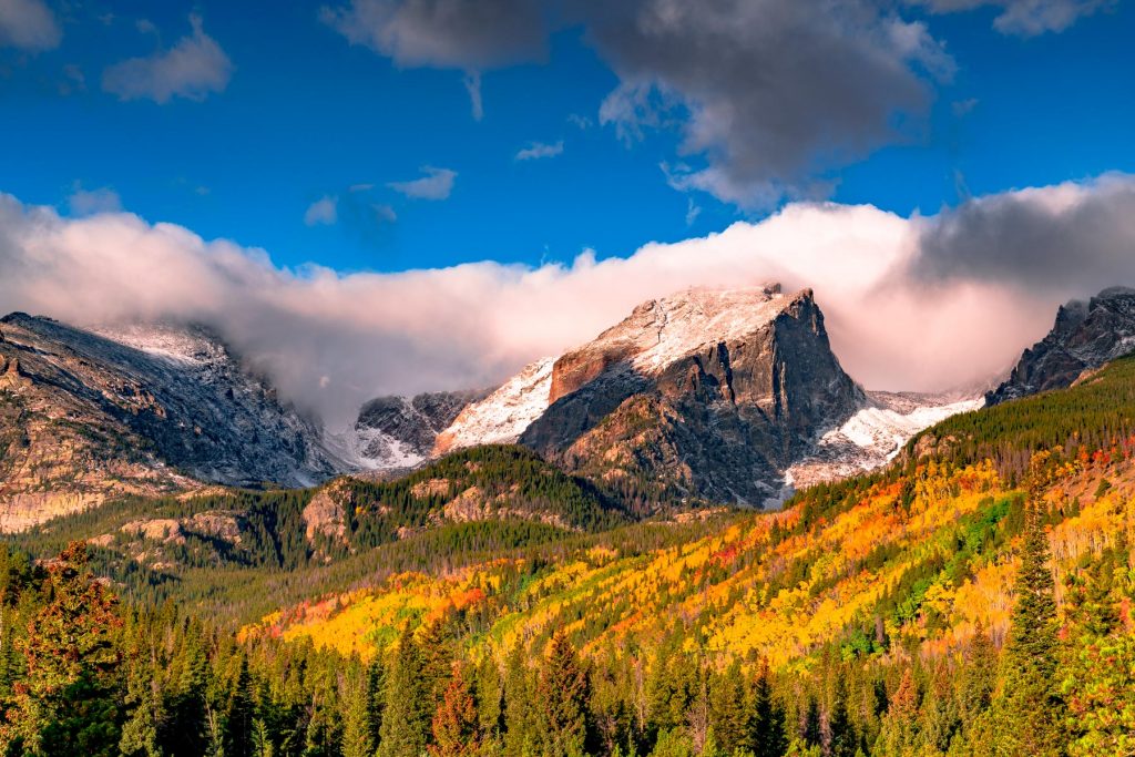 Aspen banked gold below the snow-dusted peaks at Storm Pass in Rocky Mountain National Park.