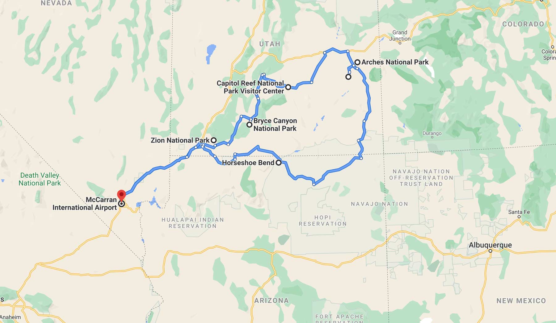 las vegas utah national parks road trip route map