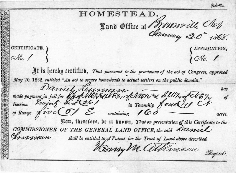 Certificate of homestead in Nebraska given under the Homestead Act, 1862