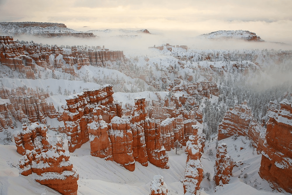 Snow and fog cover the hoodoos at Bryce Canyon main amphitheater | Bryce Canyon Facts 
