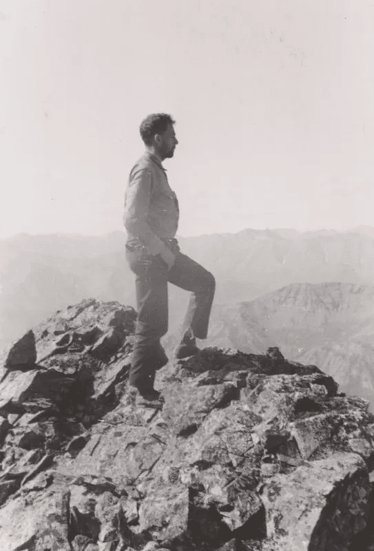 Bob Marshall on the summit of North Doonerak Peak (1930s) in what later would become Gates of the Arctic National Park and Preserve