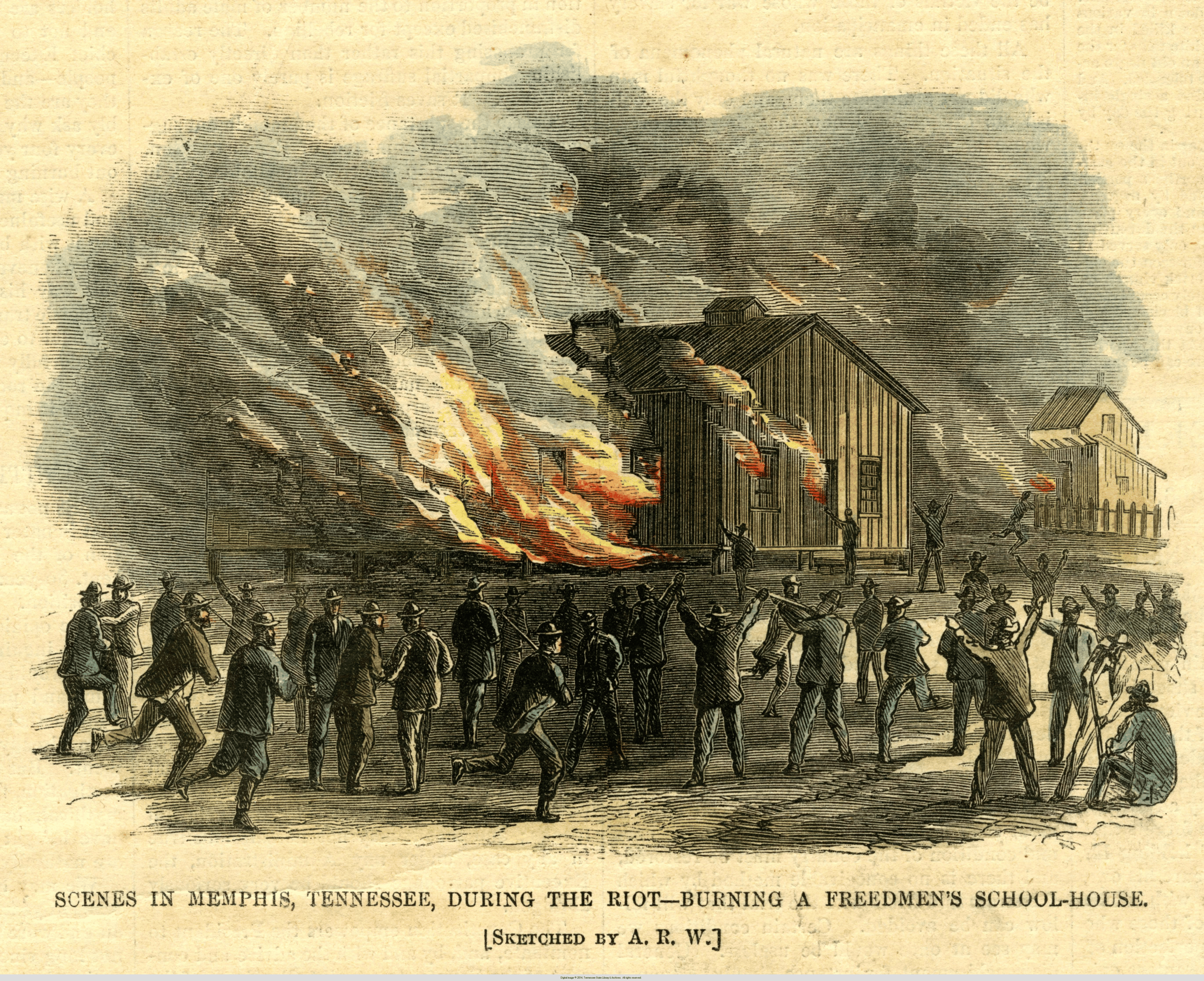 Illustration of a schoolhouse being burned to ashes during the Memphis riot