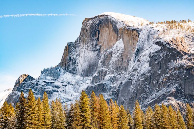 national parks in december, yosemite national park in winter, half dome snow, national parks in winter