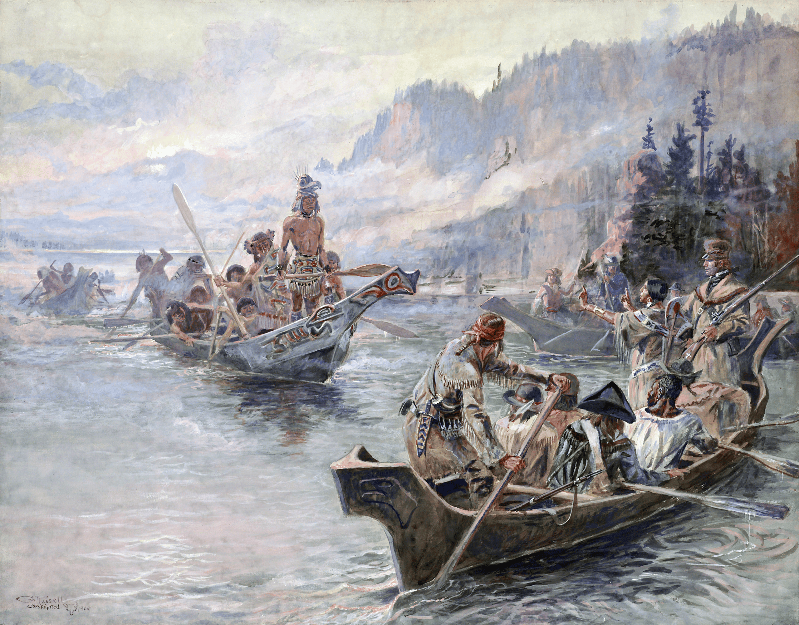 Painting of the Lewis and Clark expedition in a canoe meeting some Native Americans (1905), by Charles Marion Russell 